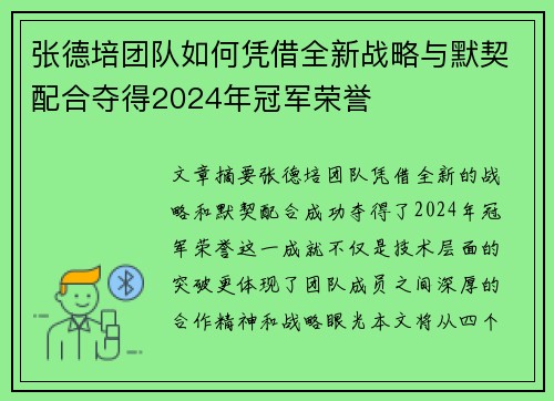 张德培团队如何凭借全新战略与默契配合夺得2024年冠军荣誉